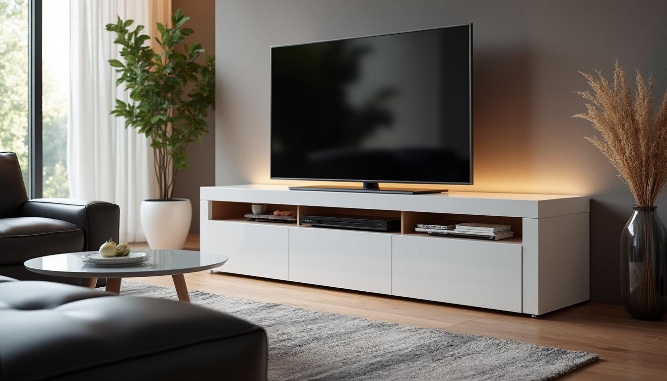 découvrez le meuble tv kikua de 130 cm en blanc brillant, parfait pour un salon moderne et élégant. son design épuré et ses finitions soignées apporteront une touche de sophistication à votre décoration intérieure.
