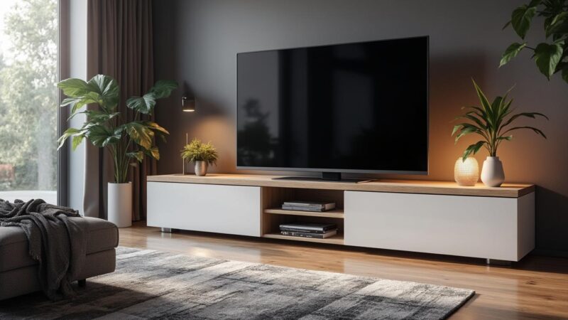 Kikua : meuble TV 130 cm blanc brillant pour un salon moderne et élégant