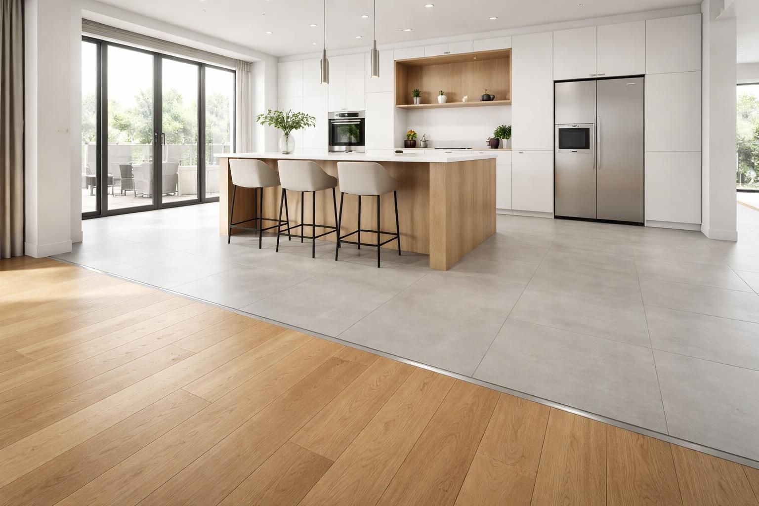 Cuisine ouverte : quelle séparation de sol entre parquet et carrelage ?