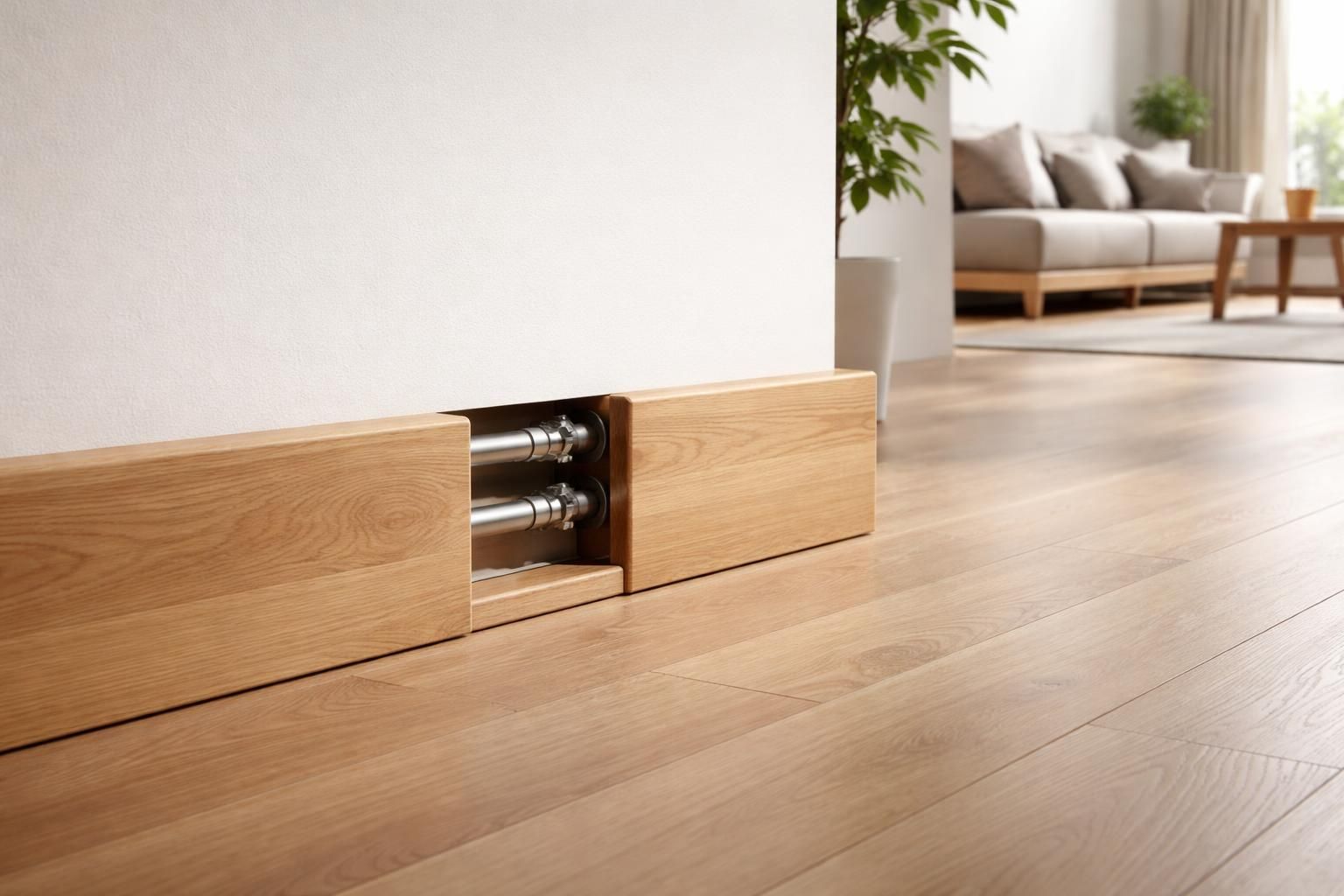 Plinthe cache-tuyaux en bois : l&rsquo;astuce esthétique pour masquer la plomberie