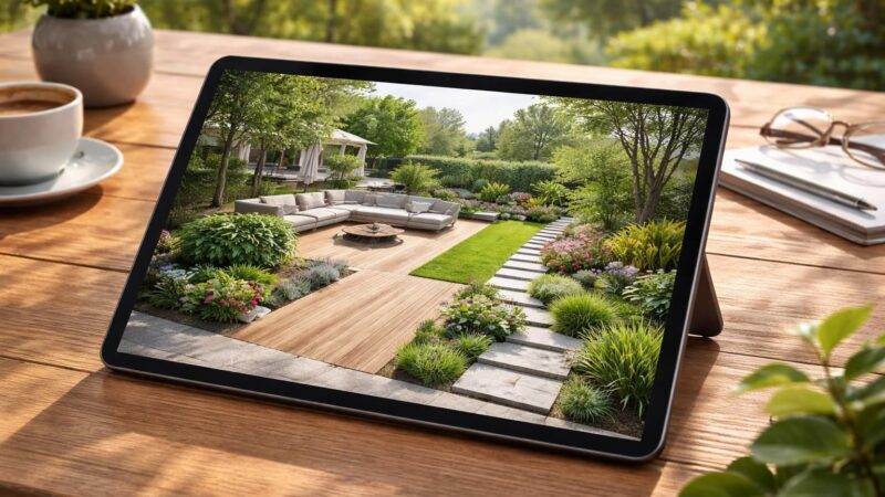 Aménagement extérieur : terrasse et jardin planifiés sur tablette Samsung Galaxy
