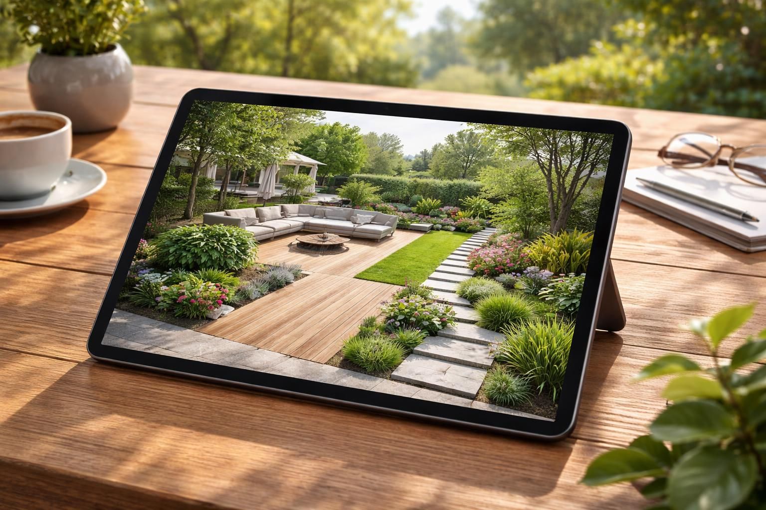 Aménagement extérieur : terrasse et jardin planifiés sur tablette Samsung Galaxy