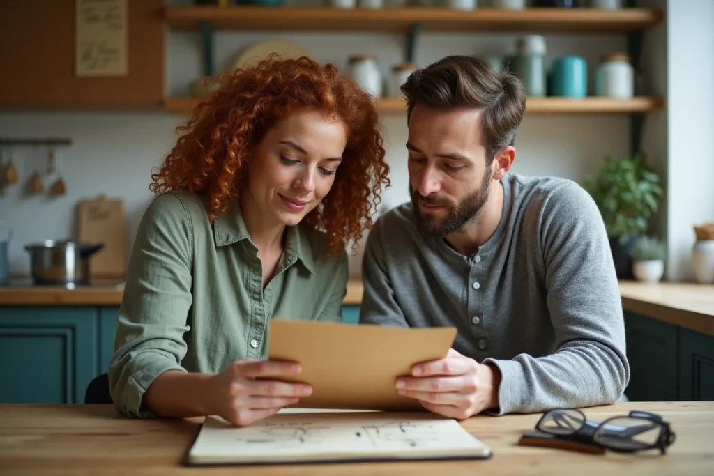 Voisins partageant des astuces de bricolage sur un carnet autour d'une table dans un appartement