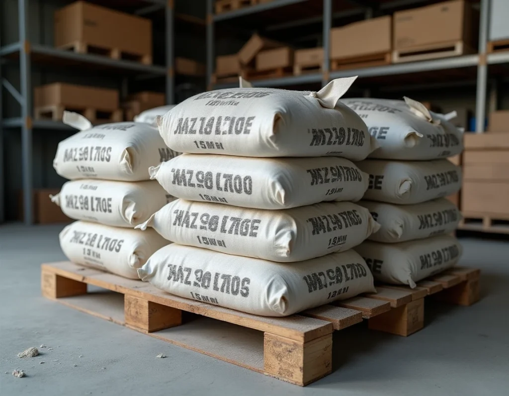Palette complète de sacs de ciment 25 kg stockée dans un entrepôt de matériaux de construction