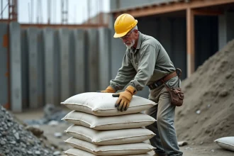Ouvrier empilant des sacs de ciment de 25 kg sur une palette en bois sur un chantier de construction