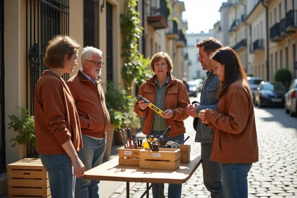 Groupe de voisins autour d'un stand de prêt d'outils en plein air dans une rue résidentielle