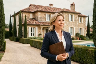 Agent immobilière devant une villa traditionnelle française avec façade en pierre et toiture en tuiles, illustrant la définition d'une villa en immobilier
