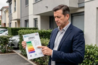 Agent immobilier tenant un diagnostic de performance énergétique devant un immeuble résidentiel moderne