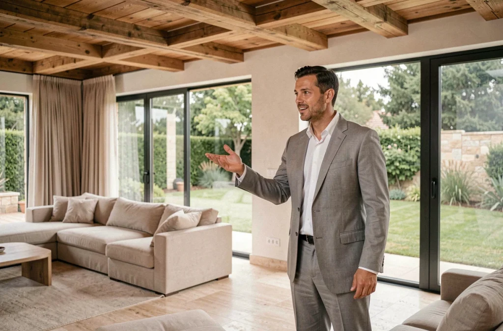 Agent immobilier masculin en visite dans le salon spacieux d'une villa contemporaine avec vue sur jardin privé