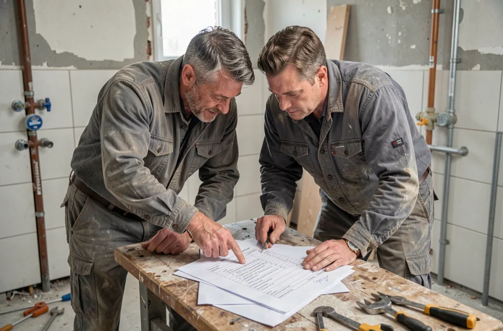 Deux artisans du bâtiment analysant ensemble un devis de rénovation de salle de bain sur un chantier