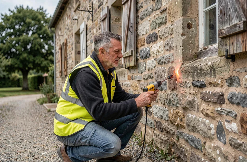 Auditeur énergétique inspectant l'isolation d'une maison en pierre ancienne lors d'un diagnostic de performance