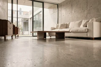 Sol en béton brut clair poli dans un salon moderne avec mobilier en chêne foncé et canapé en lin blanc