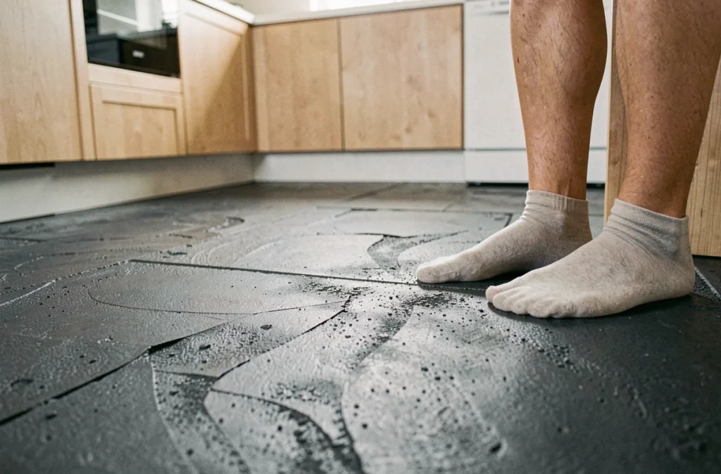 Détail de sol en béton brut foncé anthracite dans une cuisine moderne avec meubles en bouleau clair