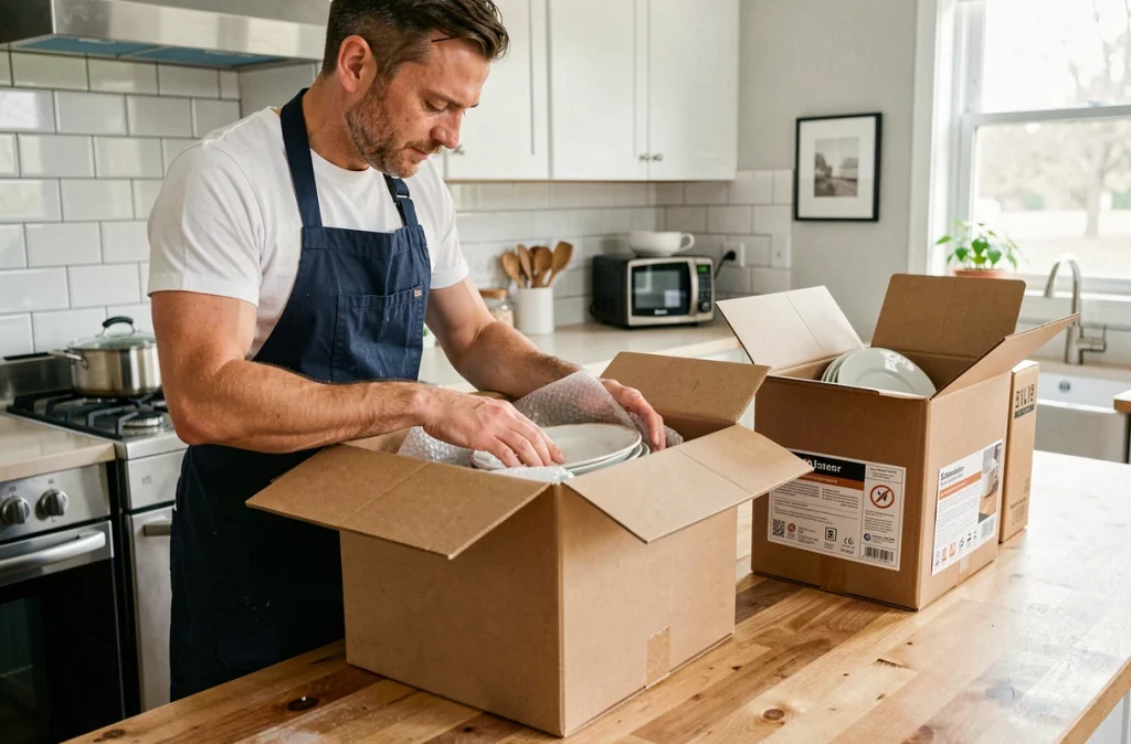 Homme emballant des objets fragiles dans des cartons spécialisés à double paroi pour vaisselle et vêtements