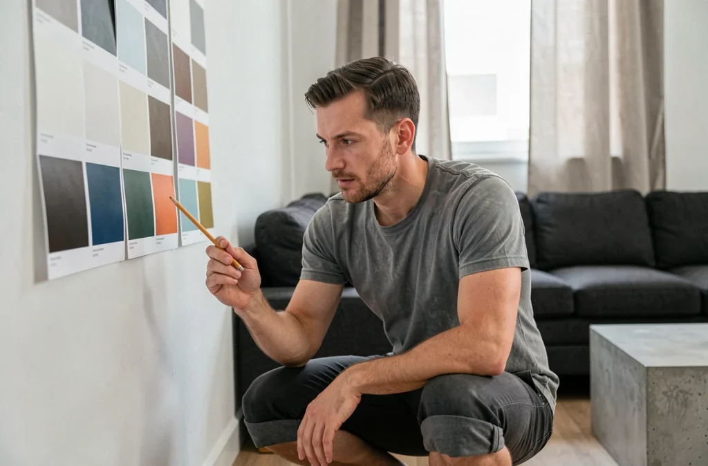 Homme choisissant des échantillons de peinture tendance pour décorer un petit salon d'appartement