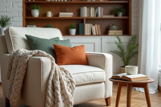 Coin lecture cosy avec fauteuil en lin ivoire, plaid tricoté et bibliothèque en bois dans un salon scandinave