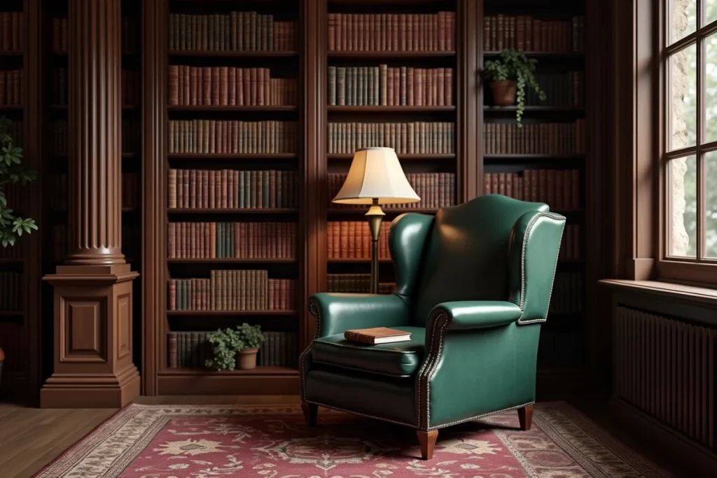 Coin lecture intime avec fauteuil en cuir vert forêt et grande bibliothèque en chêne sombre remplie de livres anciens