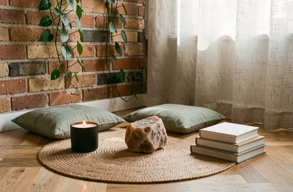 Coin méditation zen avec pierre roses des sables, coussin en lin vert sauge, bougie en cire d'abeille et plantes vertes dans un salon chaleureux
