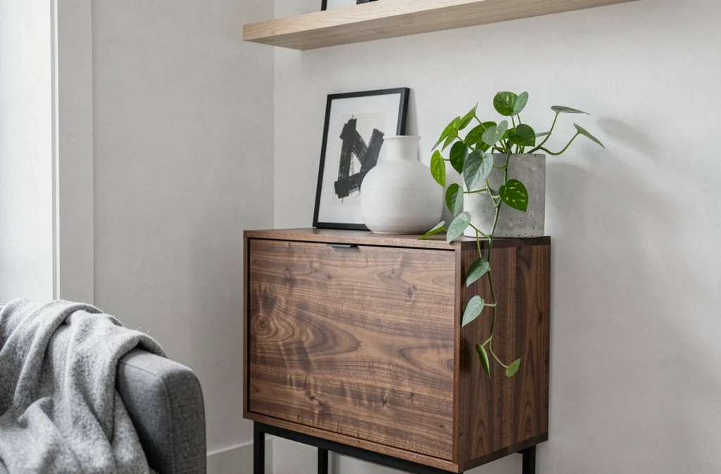 Coin salon stylisé avec meuble en noyer, vase blanc, plante verte et détails décoratifs noir et gris