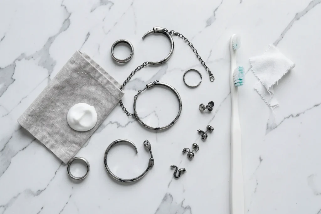 Vue de dessus d'une collection de bijoux en argent noirci avec du dentifrice et une brosse sur marbre blanc pour nettoyage