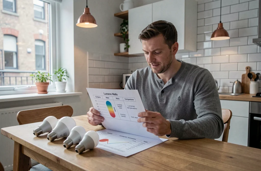 Homme comparant des ampoules et des données de lumens et watts sur une table de salle à manger