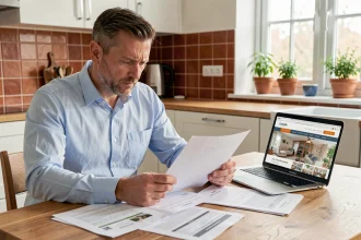 Homme lisant des devis de travaux sur papier et comparant les offres sur un ordinateur portable dans une cuisine moderne