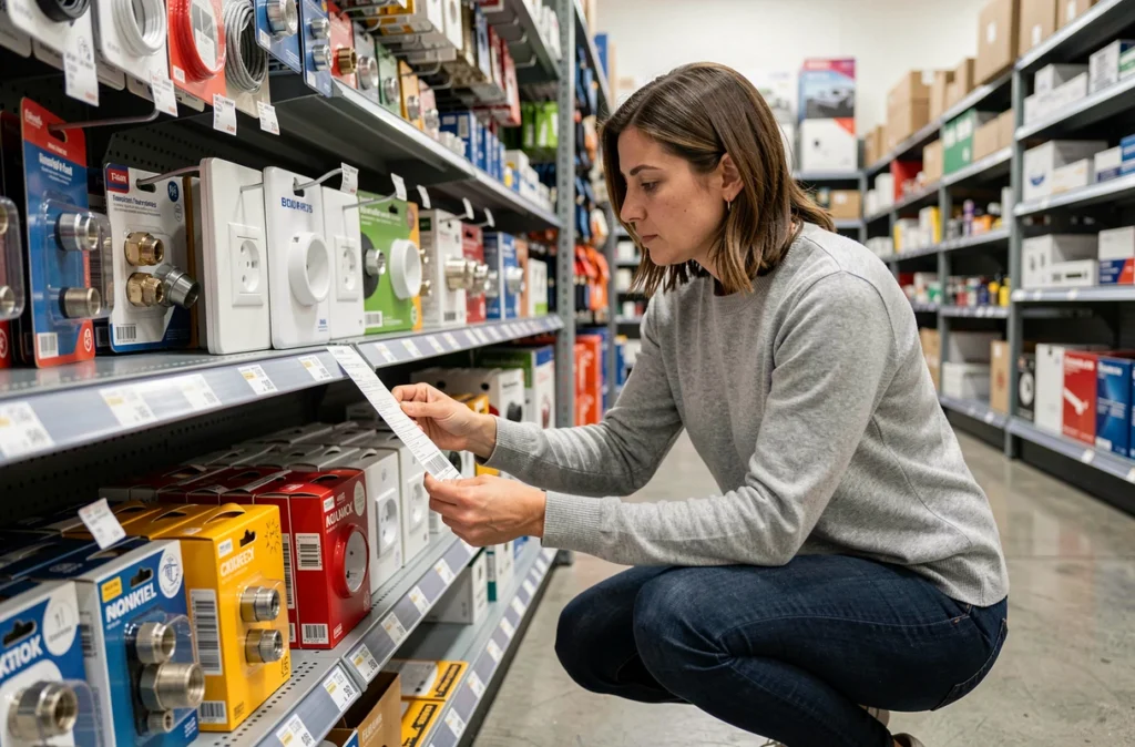 Femme comparant des prises coaxiales et leurs prix dans un magasin de bricolage