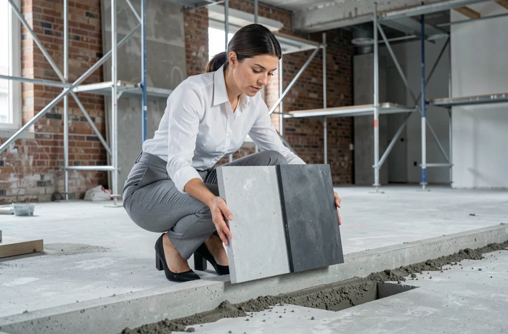 Designer d'intérieur comparant des échantillons de béton brut clair et foncé lors d'une rénovation en loft