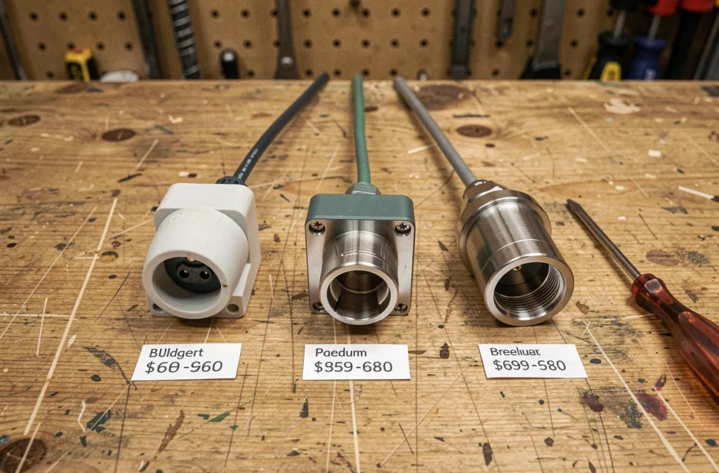 Comparatif de trois prises coaxiales de gammes différentes posées sur un établi en bois