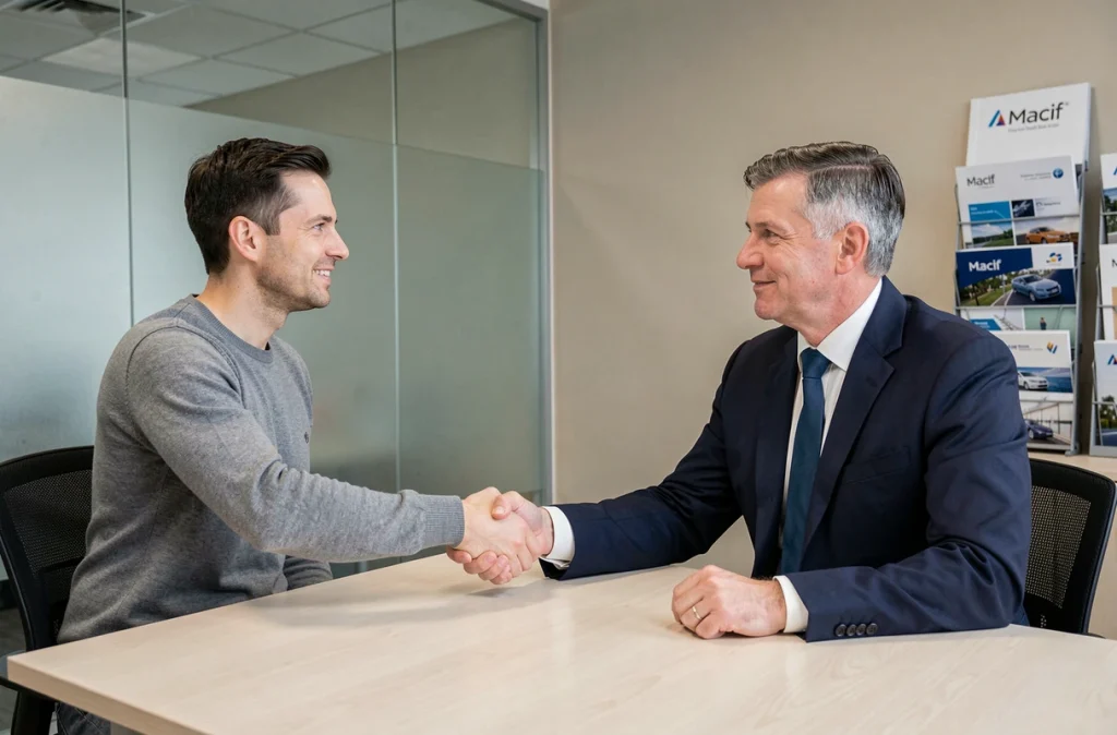 Client signant un contrat avec un conseiller dans une agence d'assurance automobile Macif