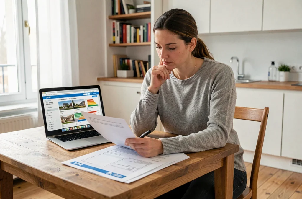 Femme consultant un rapport de diagnostic énergétique DPE à son domicile avant l'achat d'un logement