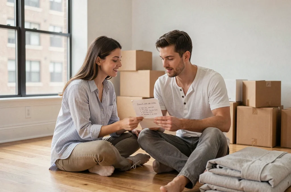 Couple consultant une liste de contrôle assis parmi des cartons dans un appartement vide lors d'un déménagement serein