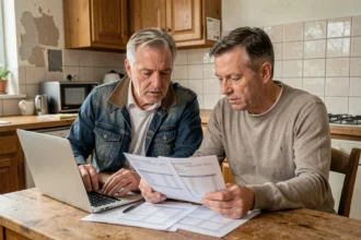 Couple belge comparant plusieurs devis de rénovation sur ordinateur portable et documents imprimés à la table de cuisine
