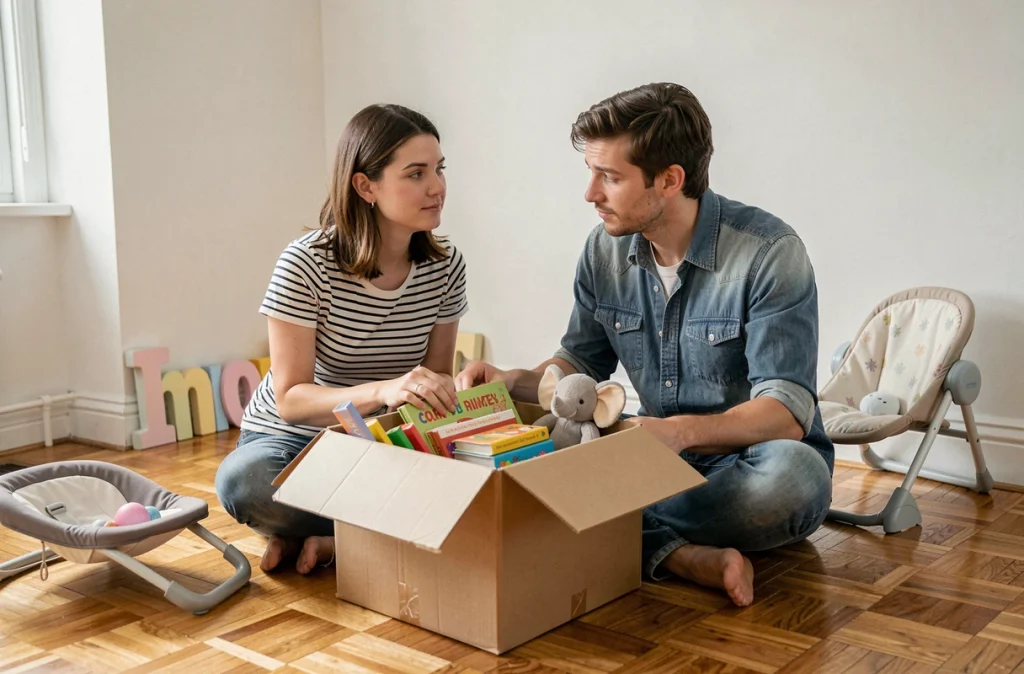 Couple déballant des jouets d'enfant dans une chambre vide lors d'un déménagement en famille