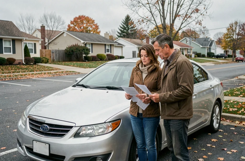 Couple examinant les garanties de leur formule protection auto Macif devant leur véhicule