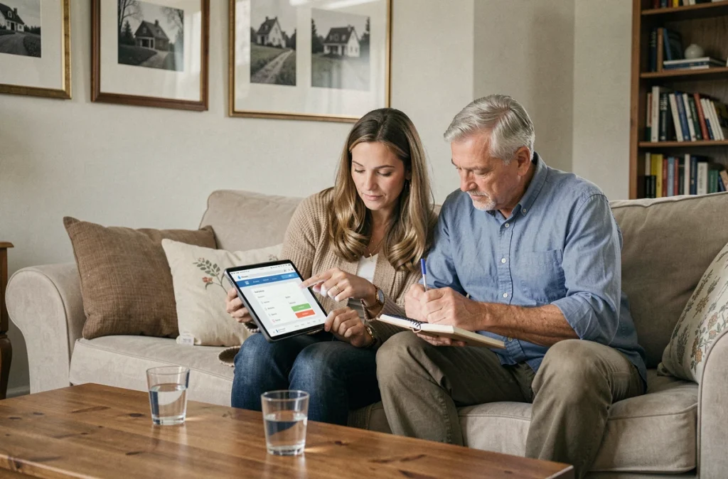Couple senior lisant les avis GMF assurance habitation sur une tablette dans leur salon