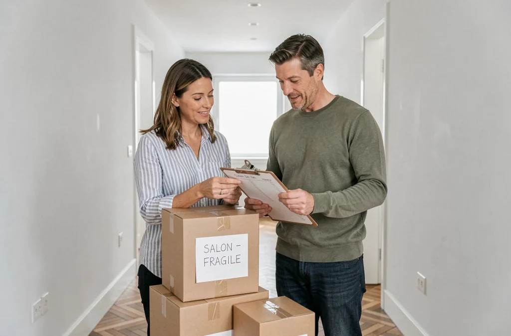 Couple vérifiant les étiquettes sur des cartons empilés dans le couloir de leur nouveau logement lors d'un déménagement