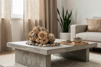 Décoration zen avec une pierre roses des sables posée sur une table basse en béton brut dans un salon minimaliste scandinave