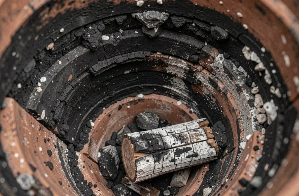 Gros plan des dépôts de goudron et de suie à l'intérieur d'un conduit de cheminée avec bûche de ramonage utilisée