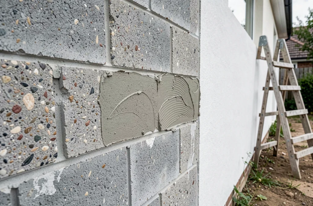 Détail d'un mur en parpaings montrant les différentes étapes d'application d'un enduit extérieur
