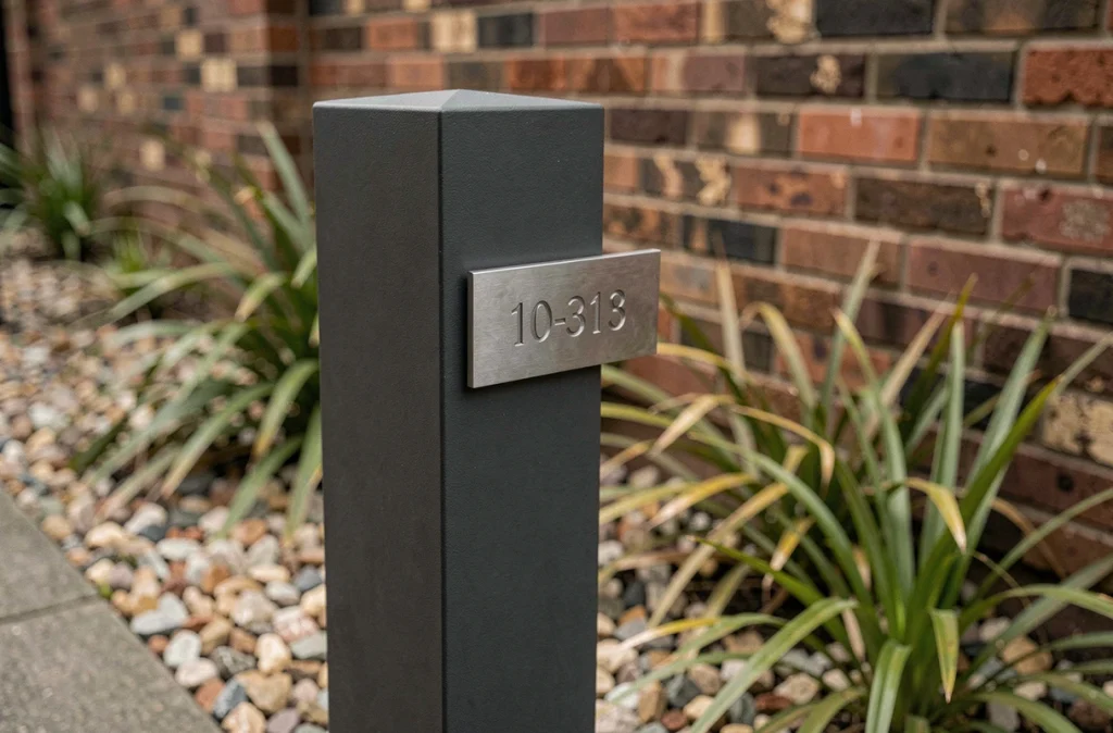 Gros plan sur une boîte aux lettres sur pied habillée d'un film mat anthracite avec plaque numérotée en métal brossé