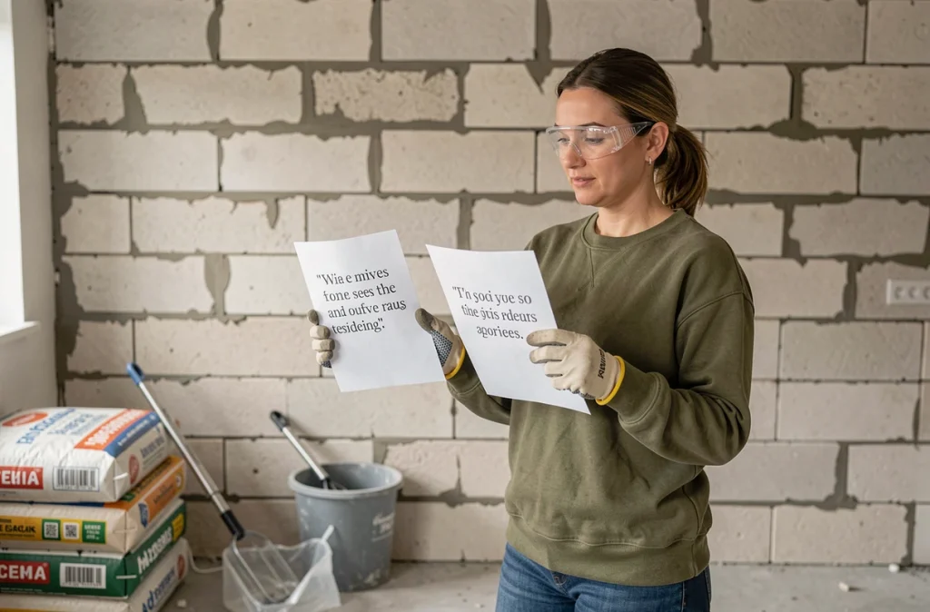 Femme comparant des devis pour des travaux d'enduit sur parpaings dans un intérieur en rénovation