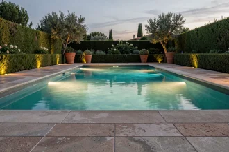 Piscine extérieure éclairée au crépuscule avec des LED sous-marines turquoise et des luminaires de bord de bassin