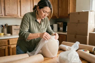 Femme emballant un vase en céramique avec du papier bulle lors d'un déménagement, entourée de matériaux d'emballage sur une table en bois