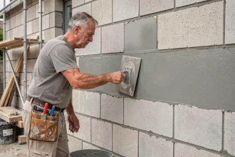 Maçon appliquant un enduit sur un mur en parpaings sur un chantier résidentiel extérieur