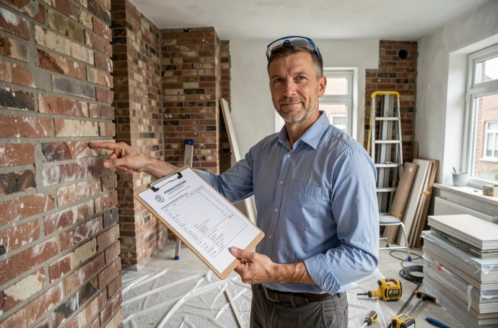 Entrepreneur en rénovation présentant un devis détaillé dans une maison belge en cours de travaux