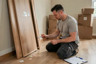 Homme étiquetant des panneaux de meuble démonté avant un déménagement dans un salon ordonné