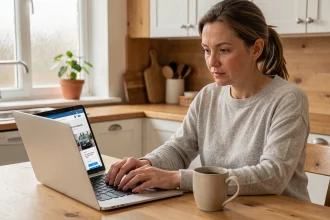 Femme consultant les avis GMF assurance habitation sur un ordinateur portable dans sa cuisine