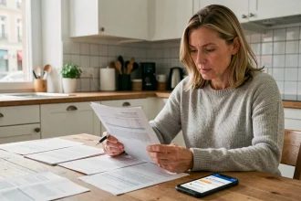 Femme consultant ses contrats d'énergie à domicile pour organiser un transfert