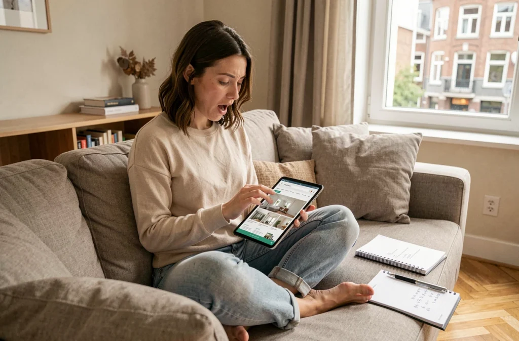 Jeune femme belge calculant ses économies sur des devis de rénovation via une plateforme en ligne sur tablette